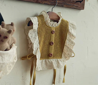 -キッズビブベスト フリル レース ニットベスト 2カラー ガールズ 女の子 子供服 - mamahalo shop - ベスト -  べビー服 - 子供服 - 男の子 - 女の子