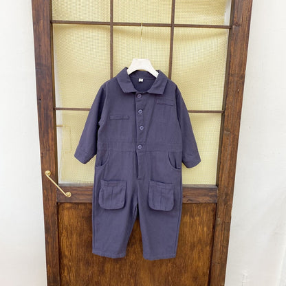 -キッズ 長袖 シャツ ジャンプスーツ オーバーオール つなぎ ブルーグレー グリーン ボーイズ - mamahalo shop - 長袖ジャンプスーツ -  べビー服 - 子供服 - 男の子 - 女の子