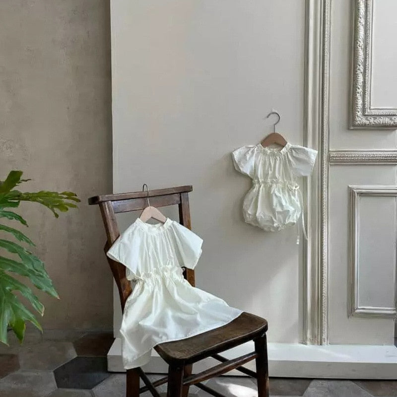 -ベビー ウエストマーク 半袖 ロンパース ピンク ベージュ ガールズ【mh0002089】 - mamahalo shop - 半袖ロンパース -  べビー服 - 子供服 - 男の子 - 女の子