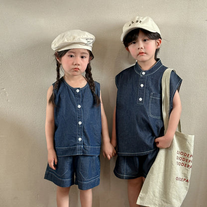 -キッズセットアップ 2点セット デニム ノースリーブシャツ+ショートパンツ リンクコーデ 兄弟姉妹 お揃いコーデ【mh0005173】 - mamahalo shop - ノースリーブセットアップ -  べビー服 - 子供服 - 男の子 - 女の子