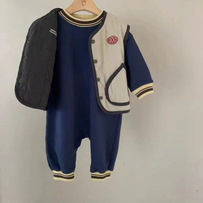 -ベビーロンパース 長袖ジャンプスーツ レターロゴワンポイント ネイビー グレー 2カラー - mamahalo shop - 長袖ロンパース -  べビー服 - 子供服 - 男の子 - 女の子