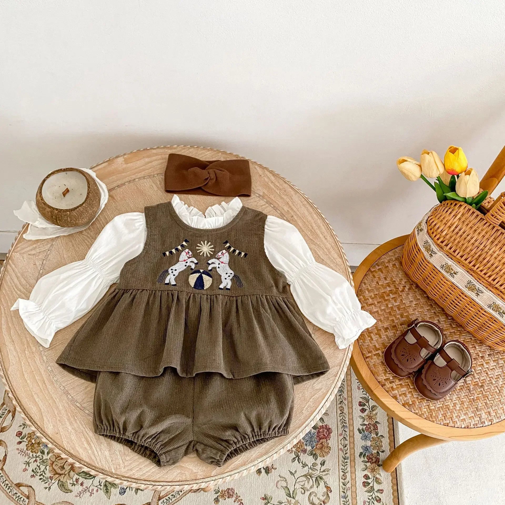 -ベビーキッズセットアップ 2点セット/トップス サーカス刺繍ノースリーブペプラムチュニック+バルーンショートパンツ/長袖バブルスリーブブラウス【mh0007172】 - mamahalo shop - ノースリーブセットアップ -  べビー服 - 子供服 - 男の子 - 女の子