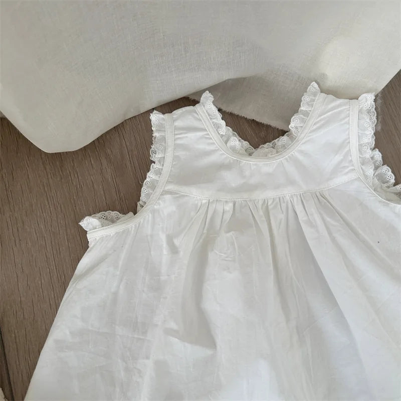 -キッズワンピース ノースリーブ レース縁取り シンプルワンピ ホワイト - mamahalo shop - ノースリーブワンピース -  べビー服 - 子供服 - 男の子 - 女の子