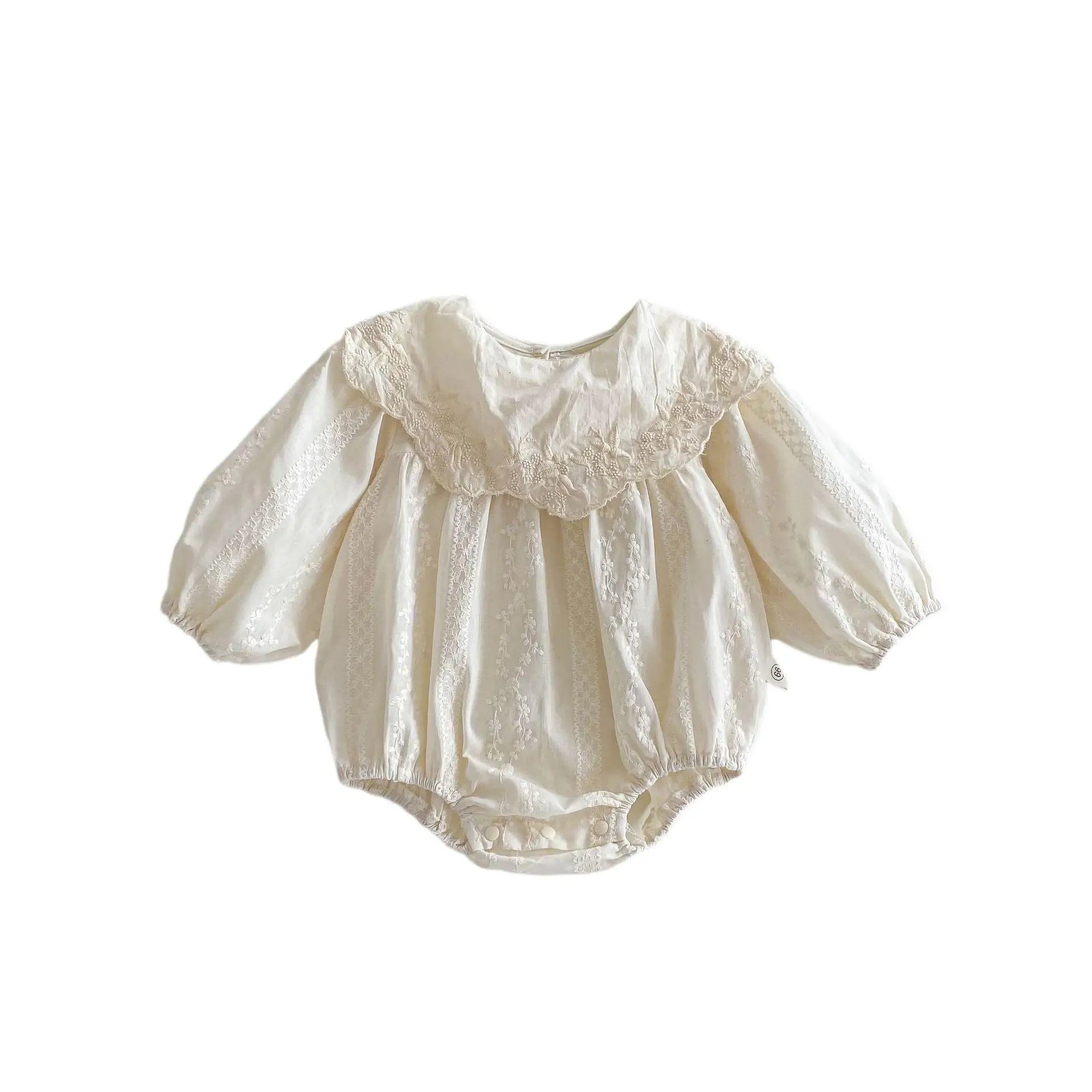 -ベビーロンパース 長袖ボディスーツ フリル襟レース刺繍 ベージュ【mh0004606】 - mamahalo shop - 長袖ロンパース -  べビー服 - 子供服 - 男の子 - 女の子
