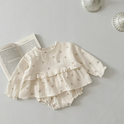 -ベビーセットアップ 2点セット 長袖ペプラムチュニックブラウス+ブルマパンツ フラワー小花柄プリント - mamahalo shop - 長袖セットアップ -  べビー服 - 子供服 - 男の子 - 女の子