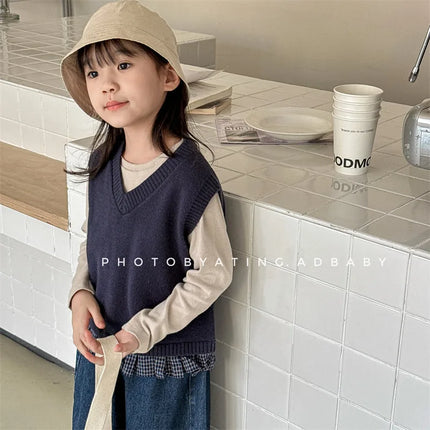 キッズベスト ニットVネックベスト チェックプリーツペプラム 2カラー - mamahalo shop - ベスト -  べビー服 - 子供服 - 男の子 - 女の子