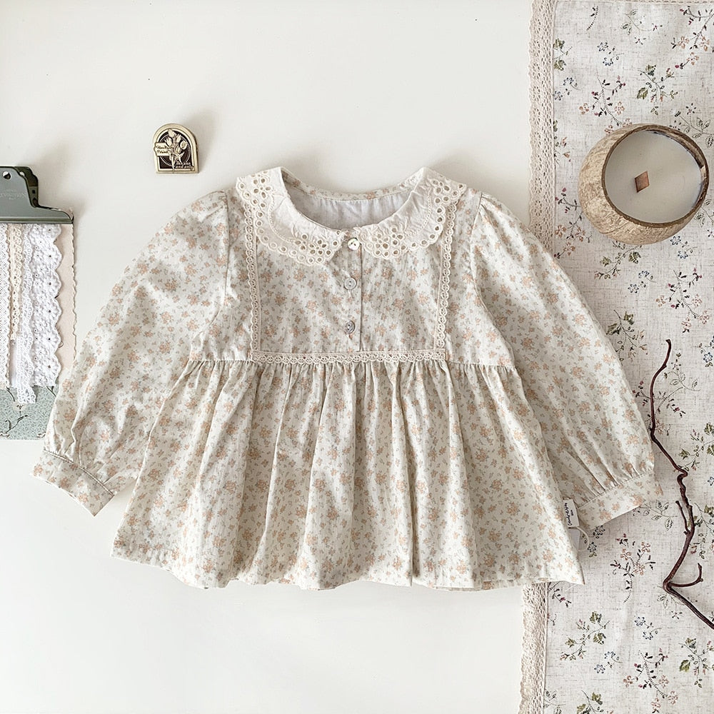 -キッズ フラワー 花柄 レース襟 長袖 チュニック ブラウス トップス - mamahalo shop - 長袖シャツ・ブラウス -  べビー服 - 子供服 - 男の子 - 女の子