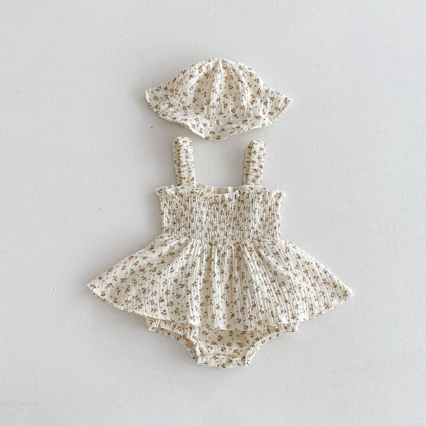 -ベビーロンパース 帽子セット キャミソールシャーリングスカートボディスーツ チューリップハット 2カラー【mh0006527】 - mamahalo shop - ノースリーブロンパース -  べビー服 - 子供服 - 男の子 - 女の子