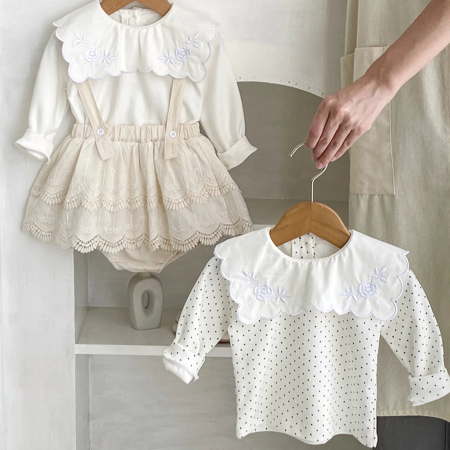 -ベビートップス/パンツ 水玉ドット/無地スクエア襟長袖Tシャツ/サスペンダーレーススカートブルマパンツ - mamahalo shop - 長袖セットアップ -  べビー服 - 子供服 - 男の子 - 女の子