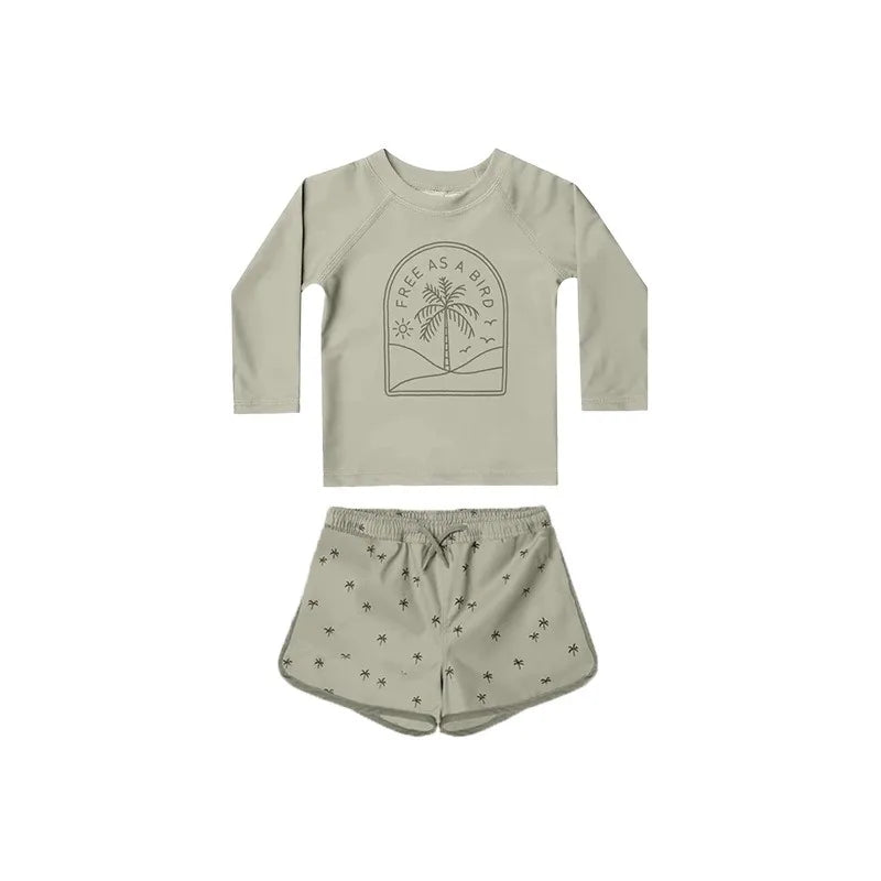 -キッズ水着 ボーイズ 長袖 セパレート トップス+パンツ ストライプ/チェック スイムウェア【mh0005994】 - mamahalo shop - ベビー用水着 -  べビー服 - 子供服 - 男の子 - 女の子