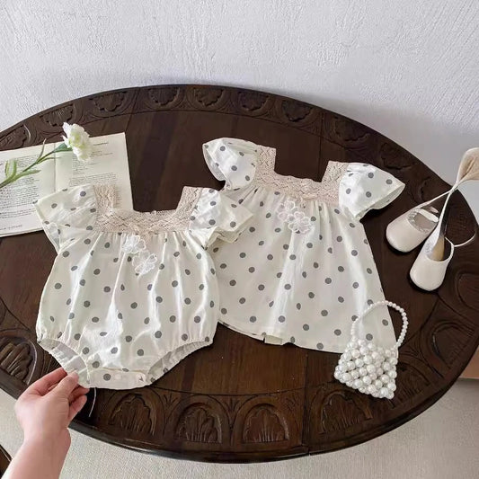 -ベビーロンパース/キッズワンピース 半袖 レース 水玉ドットプリント リンクコーデ 姉妹 お揃いコーデ【mh0005258】 - mamahalo shop - 半袖ロンパース -  べビー服 - 子供服 - 男の子 - 女の子