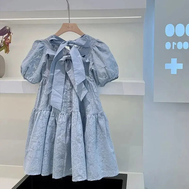 ☺︎ キッズジュニアワンピース 半袖パフスリーブ バックリボンワンピース ブルー - mamahalo shop - 半袖ワンピース -  べビー服 - 子供服 - 男の子 - 女の子