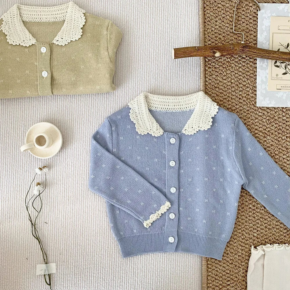 -ベビーキッズカーディガン レース襟 薄手ニットセーター 水玉ドット 2カラー - mamahalo shop - カーディガン・パーカー -  べビー服 - 子供服 - 男の子 - 女の子