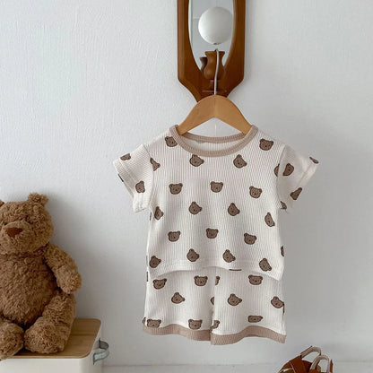 -ベビーセットアップ 2点セット ワッフル 半袖Tシャツ+ショートパンツ ベアくまプリント 2カラー【mh0006168】 - mamahalo shop - 半袖セットアップ -  べビー服 - 子供服 - 男の子 - 女の子