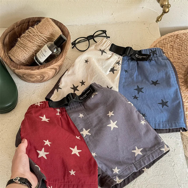 -キッズパンツ 星スタープリント バイカラー パッチワーク ショートパンツ 2カラー【mh0005440】 - mamahalo shop - ハーフパンツ・ショートパンツ -  べビー服 - 子供服 - 男の子 - 女の子