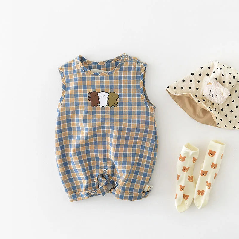 -ベビージャンプスーツ ノースリーブチェックボディスーツ ベアくまプリント【mh0006261】 - mamahalo shop - ノースリーブジャンプスーツ -  べビー服 - 子供服 - 男の子 - 女の子