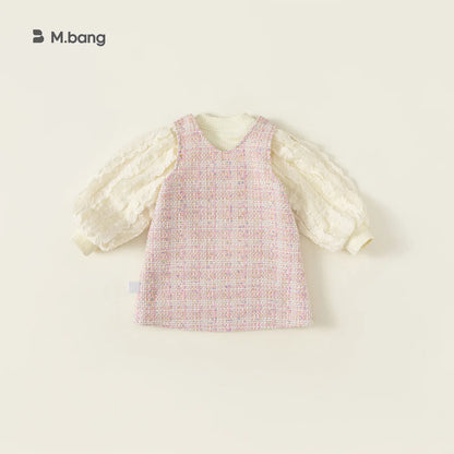 -キッズセットアップ 2点セット 長袖パフスリーブブラウス+ツイード風ノースリーブワンピース お出かけ【mh0007297】 - mamahalo shop - 長袖セットアップ -  べビー服 - 子供服 - 男の子 - 女の子