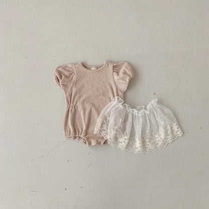 -ベビーロンパース レーススカートセット 半袖パフスリーブボディスーツ 2カラー【mh0005544】 - mamahalo shop - ロンパースセットアップ -  べビー服 - 子供服 - 男の子 - 女の子