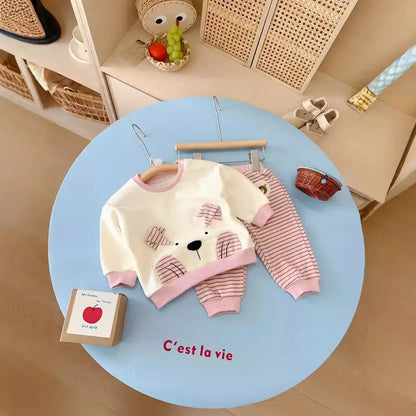 -ベビーキッズセットアップ 2点セット ベアくまアップリケ長袖Tシャツ+ボーダーロングパンツ 2カラー - mamahalo shop - 長袖セットアップ -  べビー服 - 子供服 - 男の子 - 女の子