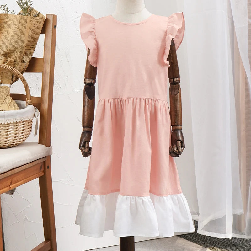 -キッズワンピース バタフライスリーブ プリンセスドレスワンピース コットンリネン ピンク【mh0006284】 - mamahalo shop - 半袖ワンピース -  べビー服 - 子供服 - 男の子 - 女の子