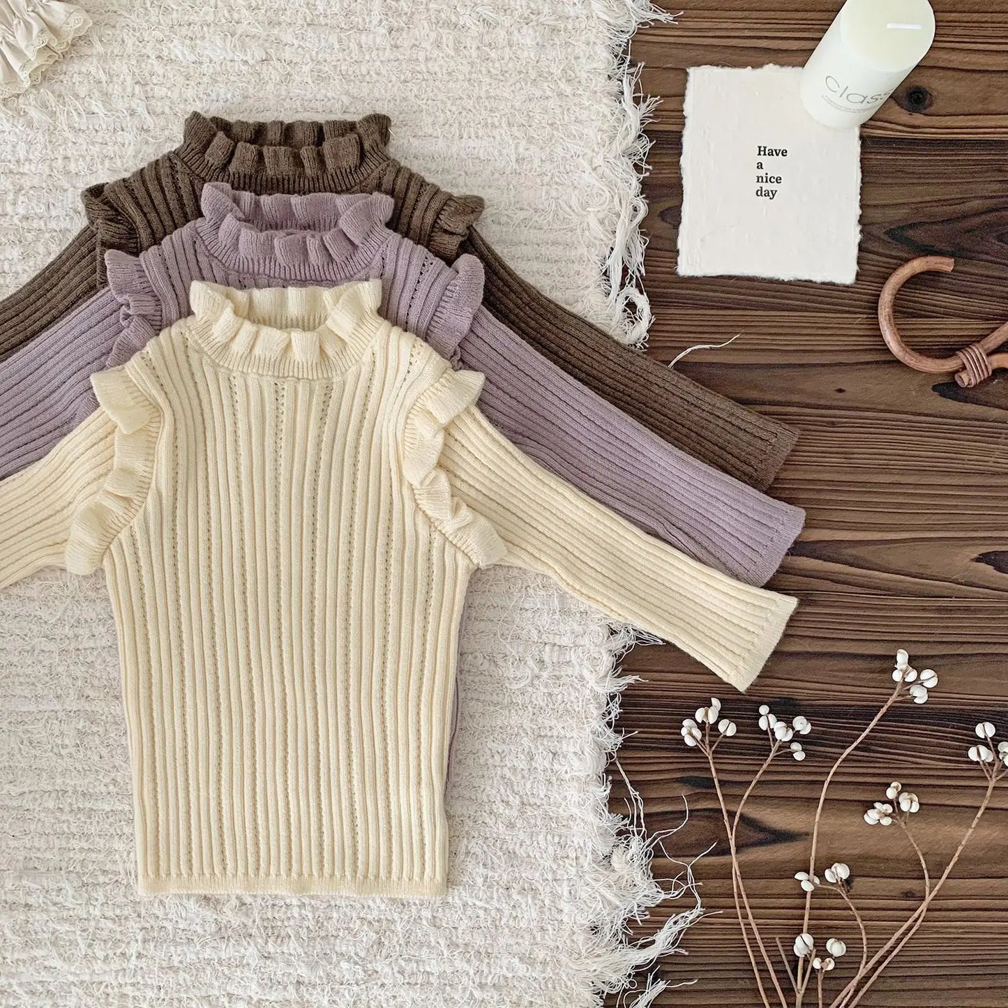 -ベビーキッズトップス フリルショルダースタンドカラーニットカットソーTシャツ 3カラー - mamahalo shop - ニット・セーター -  べビー服 - 子供服 - 男の子 - 女の子