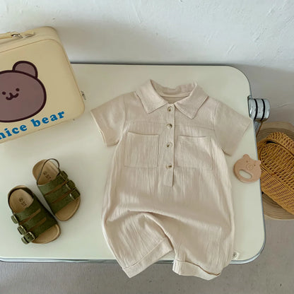 -ベビー シンプル 半袖 シャツ ジャンプスーツ ベージュ グリーン ボーイズ - mamahalo shop - 半袖ジャンプスーツ -  べビー服 - 子供服 - 男の子 - 女の子