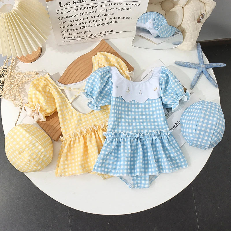 -キッズ水着 帽子セット 半袖ワンピース パフスリーブ チェック スカート スイムウェア 2カラー【mh0005131】 - mamahalo shop - ベビー用水着 -  べビー服 - 子供服 - 男の子 - 女の子