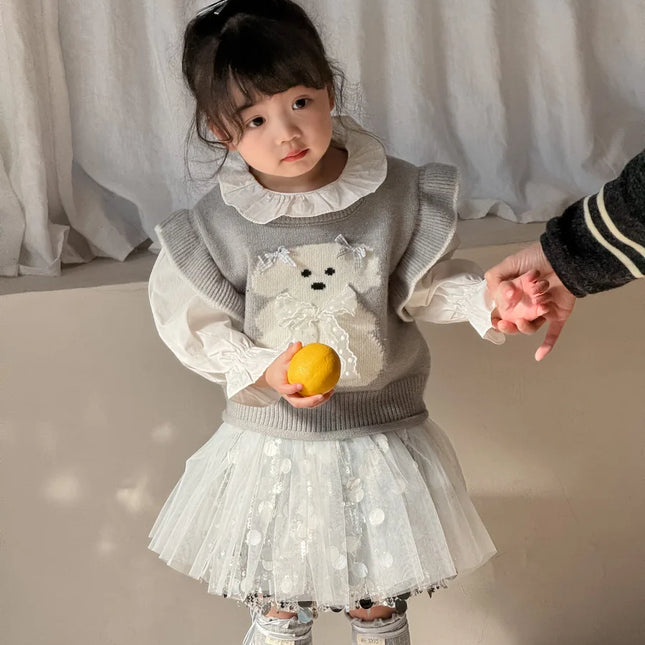 キッズベスト アニマルリボンラッフルフリルショルダーニットベスト - mamahalo shop - ベスト -  べビー服 - 子供服 - 男の子 - 女の子