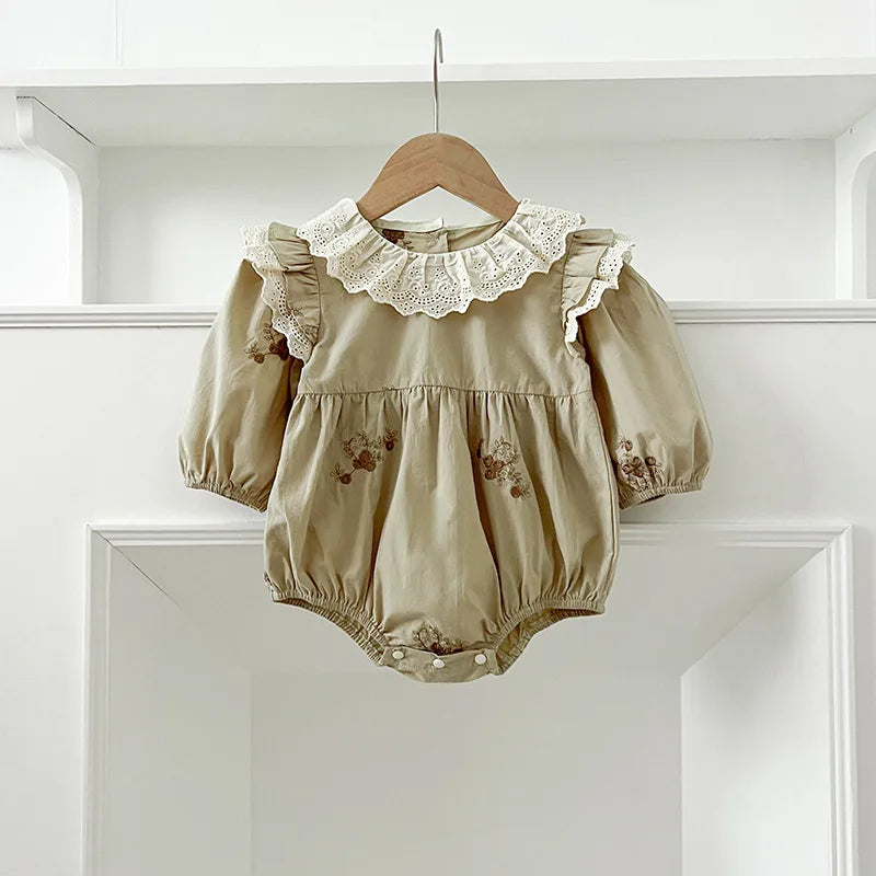 -ベビーロンパース/キッズワンピース レースラッフル襟ショルダーフリルフラワープリント長袖ボディスーツ/ワンピース リンクコーデ 姉妹 お揃いコーデ【mh0007420】 - mamahalo shop - 長袖ロンパース -  べビー服 - 子供服 - 男の子 - 女の子