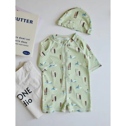 -キッズ水着 ボーイズ 長袖ジップアップつなぎ ワンピース+帽子セット アニマルプリント スイムウェア【mh0005992】 - mamahalo shop - ベビー用水着 -  べビー服 - 子供服 - 男の子 - 女の子