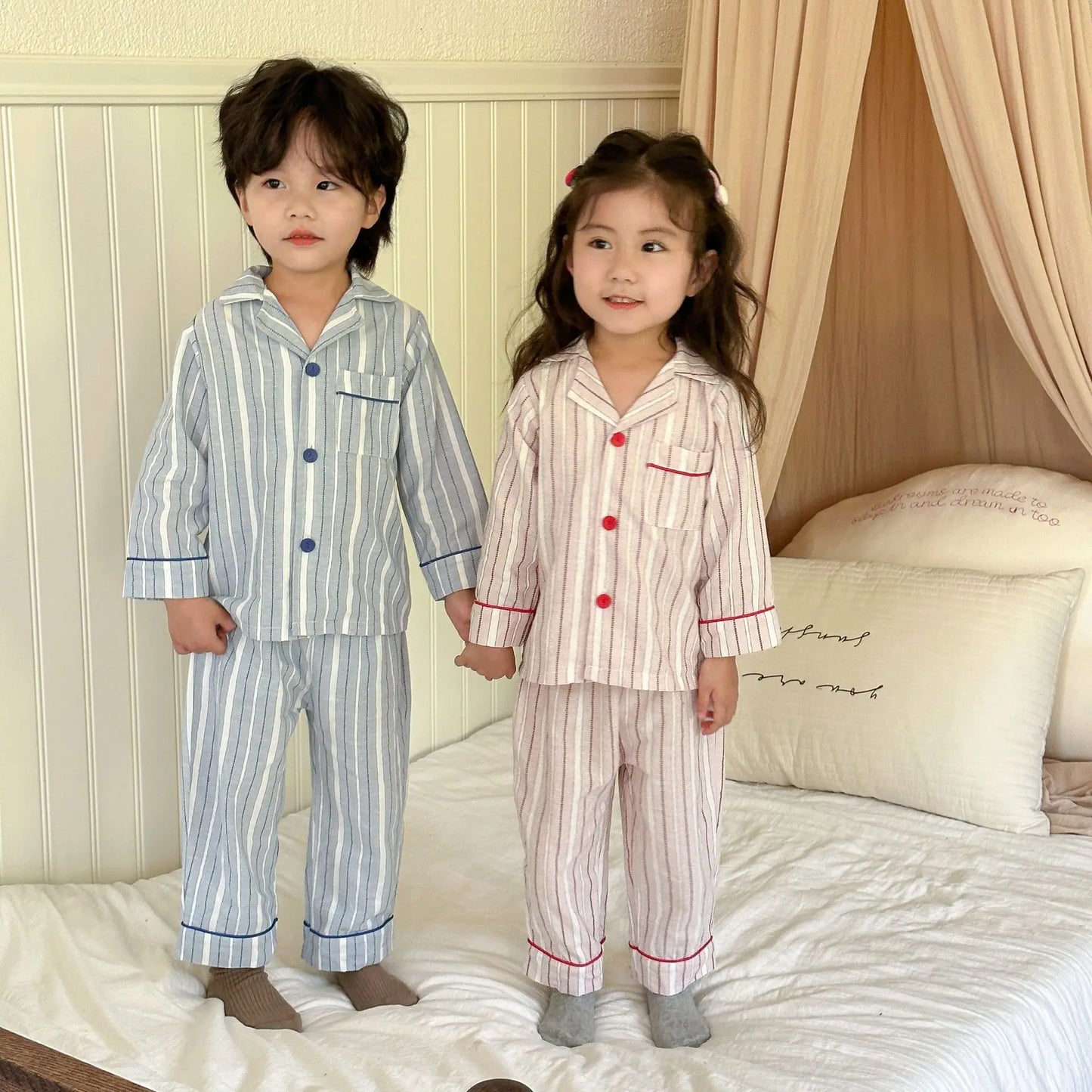 -キッズパジャマセット 長袖シャツ+ロングパンツ レトロストライプ 2カラー【mh0006433】 - mamahalo shop - 長袖パジャマ -  べビー服 - 子供服 - 男の子 - 女の子