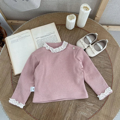 -ベビー長袖Tシャツ トップス レース ピンク ベージュ ガールズ 女の子 子供服 - mamahalo shop - 長袖Tシャツ -  べビー服 - 子供服 - 男の子 - 女の子