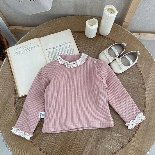-ベビー長袖Tシャツ トップス レース ピンク ベージュ ガールズ 女の子 子供服 - mamahalo shop - 長袖Tシャツ -  べビー服 - 子供服 - 男の子 - 女の子