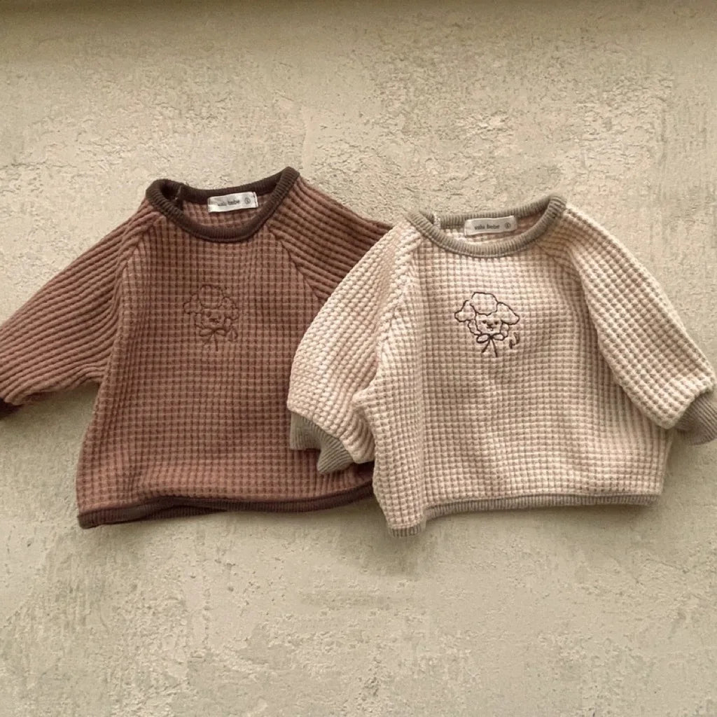 -ベビートップス ワッフル 長袖Tシャツ ベージュ ブラウン 2カラー - mamahalo shop - 長袖Tシャツ -  べビー服 - 子供服 - 男の子 - 女の子