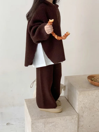 -キッズセットアップ 2点セット ニットフーディカーディガンジャケット ルーズフレアパンツ - mamahalo shop - 長袖セットアップ -  べビー服 - 子供服 - 男の子 - 女の子