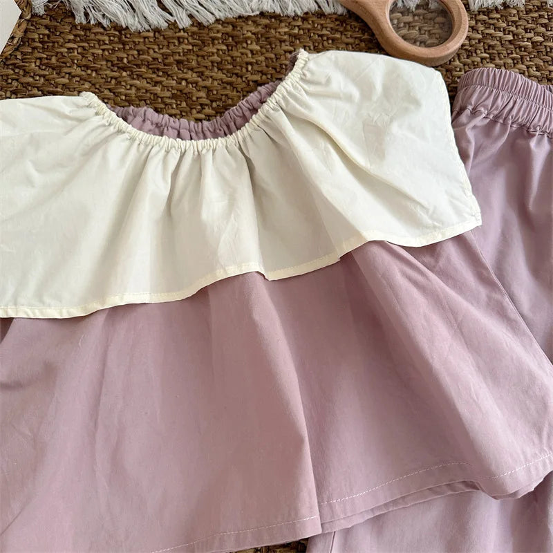 -キッズセットアップ 2点セット ノースリーブビッグ襟ブラウス+ワイドルーズパンツ【mh0005307】 - mamahalo shop - ノースリーブセットアップ -  べビー服 - 子供服 - 男の子 - 女の子