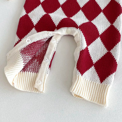 -ベビーロンパース ダイヤチェックピエロニット長袖ジャンプスーツ - mamahalo shop - 長袖ロンパース -  べビー服 - 子供服 - 男の子 - 女の子