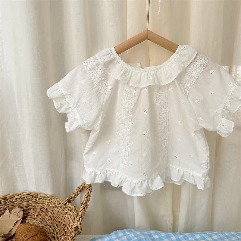 -キッズトップス 半袖ブラウス レース刺繍 ベージュ - mamahalo shop - 半袖シャツ・ブラウス -  べビー服 - 子供服 - 男の子 - 女の子