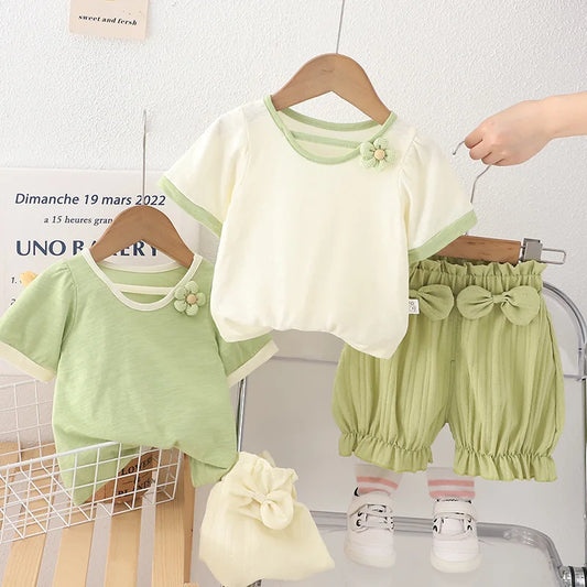 -キッズセットアップ 2点セット 半袖Tシャツ+バルーンショートパンツ リボン フラワー 2カラー【mh0005488】 - mamahalo shop - 半袖セットアップ -  べビー服 - 子供服 - 男の子 - 女の子