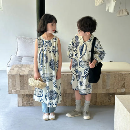 -キッズセットアップ 2点セット/ワンピース ボーイズ半袖シャツ+ショートパンツ/ガールズノースリーブワンピース ボタニカルフルーツプリント 2カラー リンクコーデ 兄弟姉妹 お揃いコーデ - mamahalo shop - 半袖セットアップ -  べビー服 - 子供服 - 男の子 - 女の子