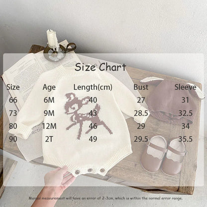 -ベビーロンパース 長袖ニットボディスーツ 鹿バンビ柄 耳付きニット帽 ボンネット - mamahalo shop - 長袖ロンパース -  べビー服 - 子供服 - 男の子 - 女の子