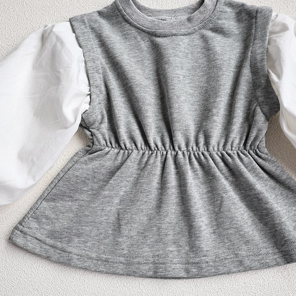 -キッズ セットアップ 長袖 パッチワーク チュニック ブラウス フレア ロングパンツ ブラック グレー ガールズ - mamahalo shop - 長袖セットアップ -  べビー服 - 子供服 - 男の子 - 女の子