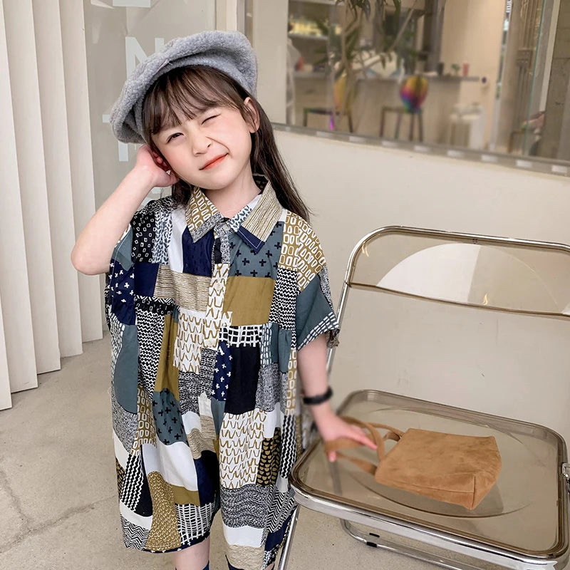 -キッズジャンプスーツ シャツつなぎ チェック パッチワーク ルーズスタイル - mamahalo shop - 半袖ジャンプスーツ -  べビー服 - 子供服 - 男の子 - 女の子