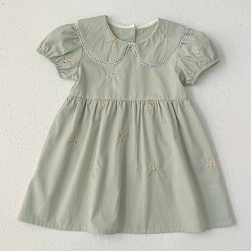 -キッズワンピース 半袖パフスリーブ フラワー花柄刺繍 丸襟 2カラー【mh0005874】 - mamahalo shop - 半袖ワンピース -  べビー服 - 子供服 - 男の子 - 女の子