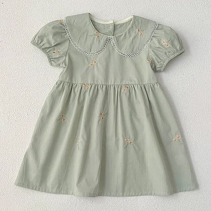 -キッズワンピース 半袖パフスリーブ フラワー花柄刺繍 丸襟 2カラー【mh0005874】 - mamahalo shop - 半袖ワンピース -  べビー服 - 子供服 - 男の子 - 女の子