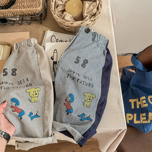 -キッズパンツ ストライプお絵描きプリントパッチワークワイドルーズハーレムパンツ 2カラー【mh0006848】 - mamahalo shop - ロングパンツ・スウェットパンツ -  べビー服 - 子供服 - 男の子 - 女の子