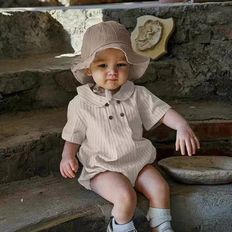 -ベビーロンパース 半袖丸襟ボディスーツ 無地/ストライプ 2カラー【mh0006052】 - mamahalo shop - 半袖ロンパース -  べビー服 - 子供服 - 男の子 - 女の子