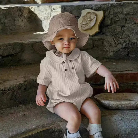 -ベビーロンパース 半袖丸襟ボディスーツ 無地/ストライプ 2カラー【mh0006052】 - mamahalo shop - 半袖ロンパース -  べビー服 - 子供服 - 男の子 - 女の子