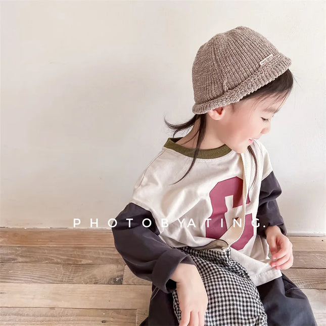 キッズトップス 長袖Tシャツ パッチワーク レターロゴプリント 2カラー - mamahalo shop - 長袖Tシャツ - ベビー服 - 子供服 - 男の子 - 女の子