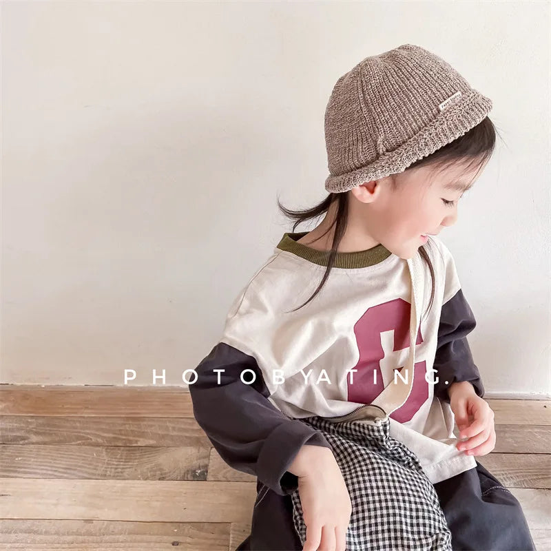 -キッズトップス 長袖Tシャツ パッチワーク レターロゴプリント 2カラー - mamahalo shop - 長袖Tシャツ -  べビー服 - 子供服 - 男の子 - 女の子
